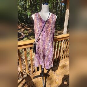 Kavu Purple Geometric Patterned Sleeveless Fall Dress 100% Cotton Size XL